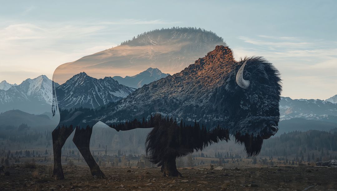 Bison Silhouette Blending with Mountain Range at Sunrise Double Exposure Landscape