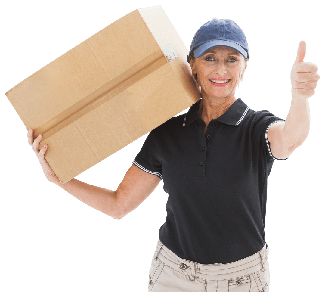 Delivery Woman Carrying Big Box Showing Thumbs Up in Transparent Background