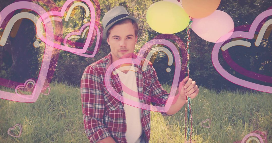 Man Holding Pastel Balloons in Meadow with Pink Heart Overlay