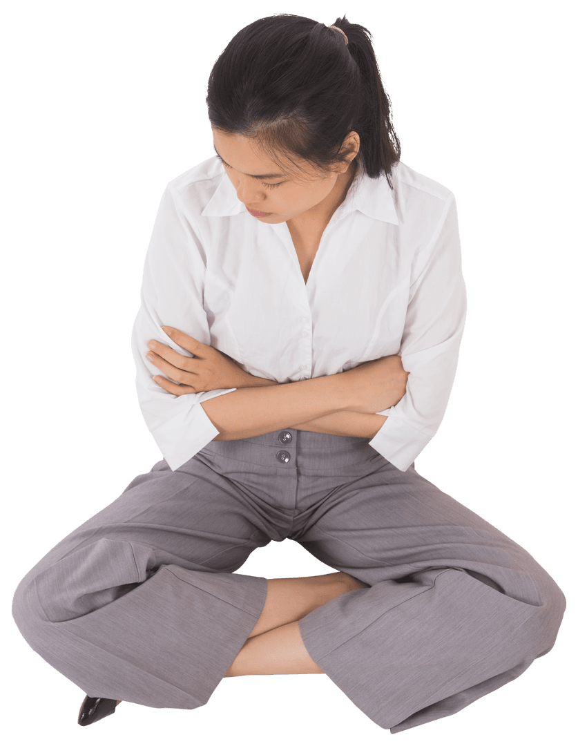 Annoyed Businesswoman Sitting Cross-Legged on Transparent Background
