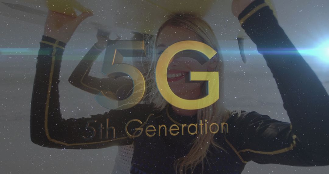 Smiling Model Highlighting 5G Technology Innovation Marketing