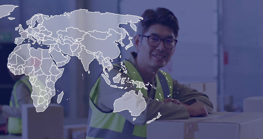 Smiling Warehouse Worker with World Map Overlay in Logistics Facility