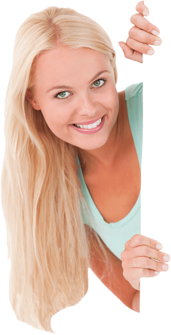 Smiling Blonde Woman Holding Transparent Blank Card Edges
