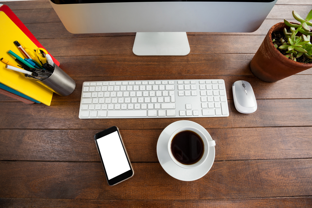 Transparent Office Workspace with Computer and Coffee - Download Free Stock Images Pikwizard.com