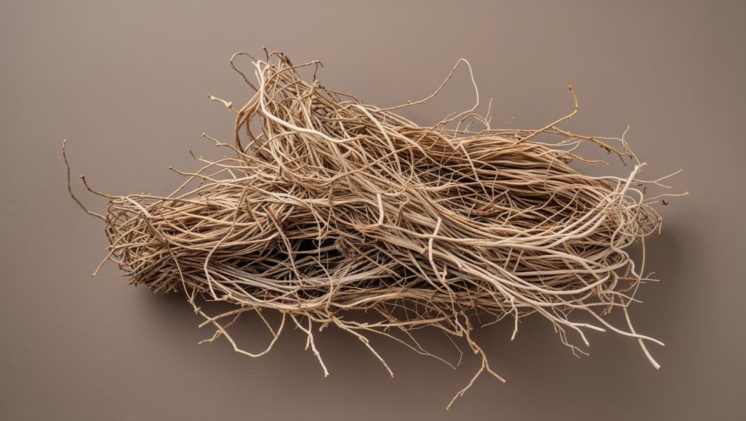 Abstract arrangement of twisted tumbleweed on beige background