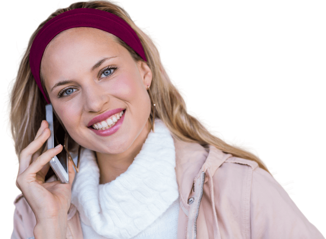 Cheerful Woman Talking on Smartphone with Transparent Background