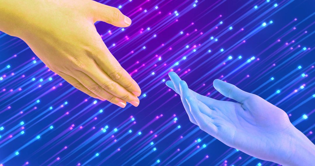 Image of hand of caucasian woman and blue hand reaching across purple and blue glowing lights - Free Images, Stock Photos and Pictures on Pikwizard.com