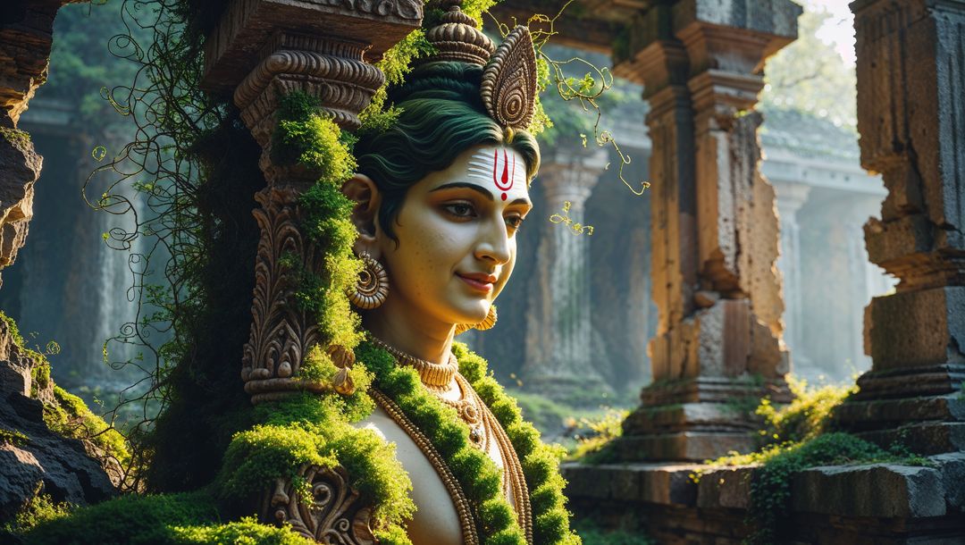 Mossy krishna statue in ancient forest temple with sunlit vines