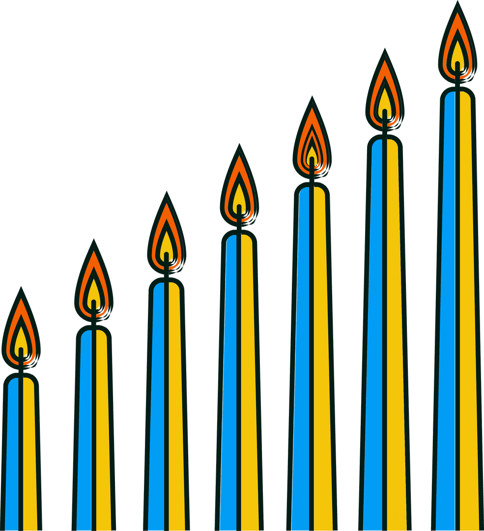 Seven Blue and Yellow Taper Candles on Transparent Background