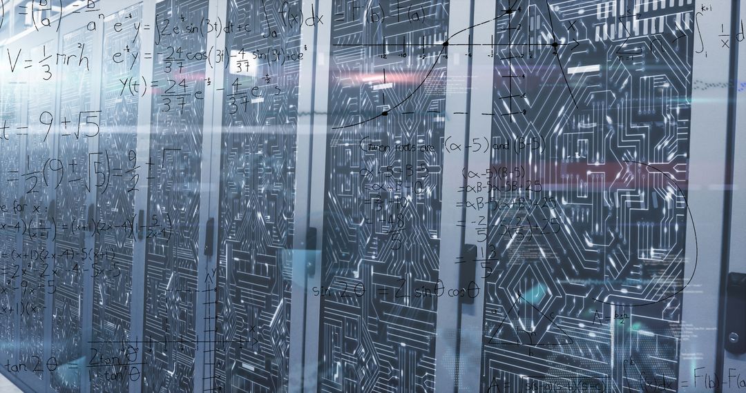 Computer Server Room with Mathematical Equations Overlay