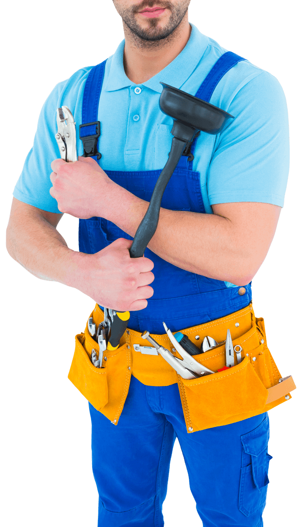 Confident Plumber Holding Plunger and Tools on Transparent Background