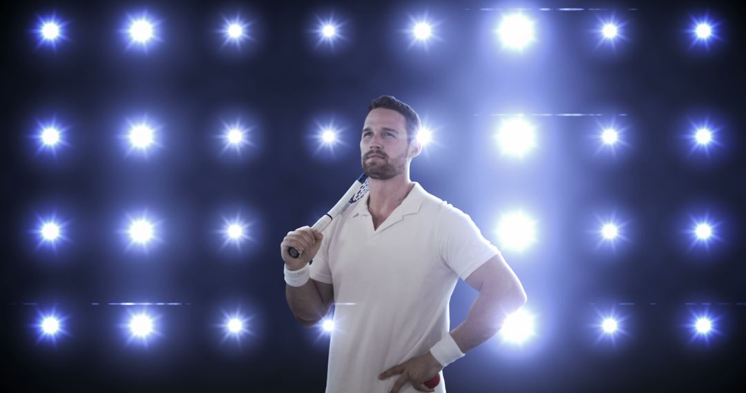 Confident Tennis Player Holding Racket Against Illuminated Background - Free Images, Stock Photos and Pictures on Pikwizard.com