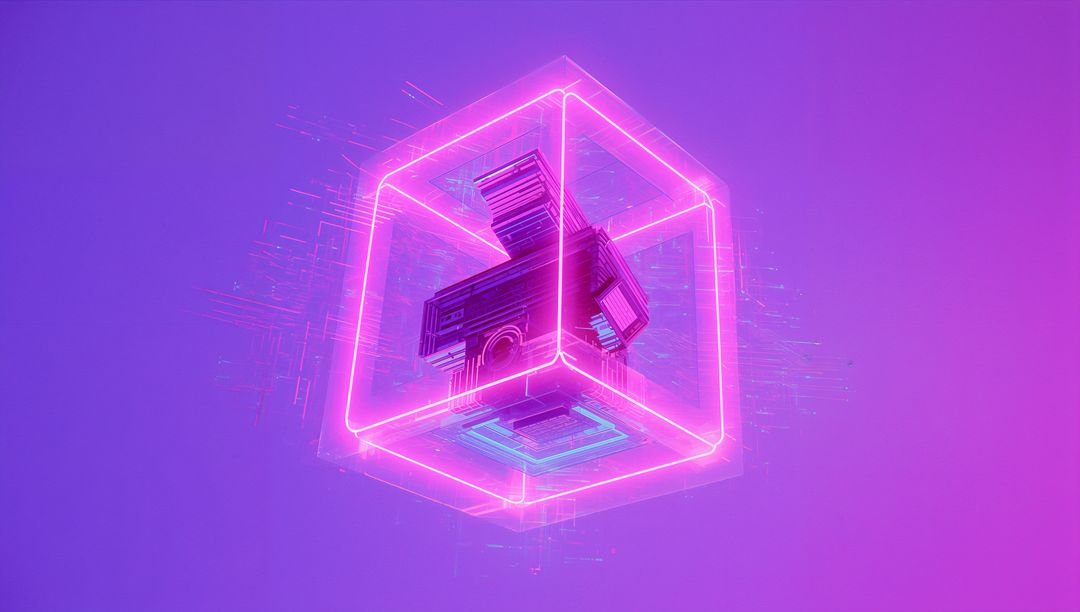 Floating Neon Cube with Glitching Data Streaks in Futuristic Space