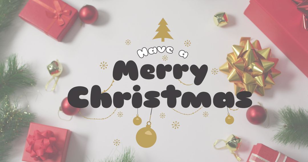 Merry Christmas Holiday Greeting with Ornament and Gifts
