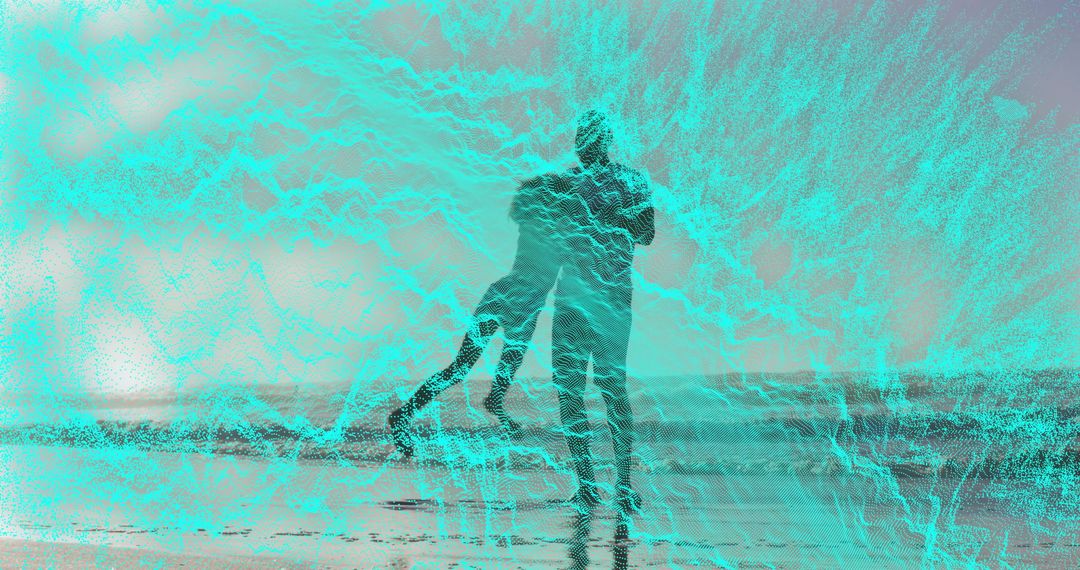 Father and Child Enjoying Serene Beach Waves, Vibrant Overlay