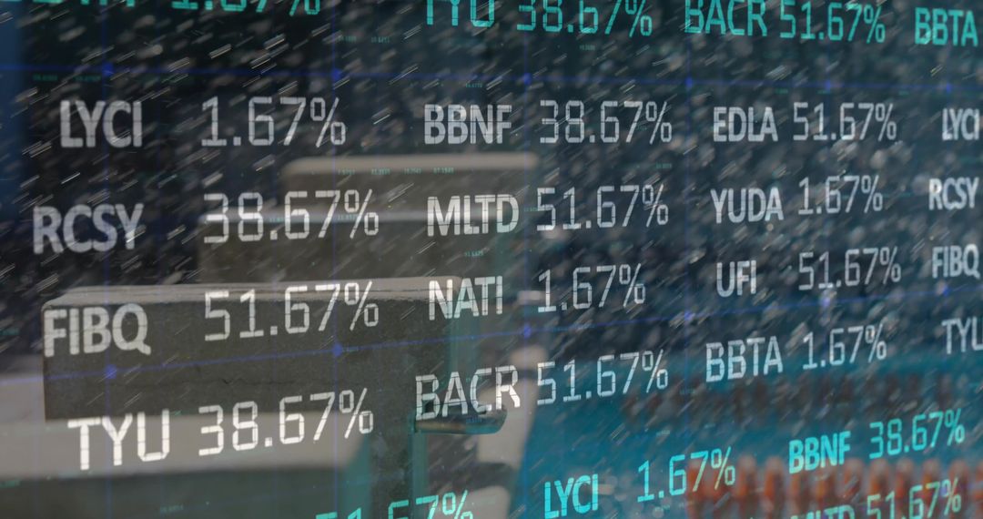 Digital Stock Market Display Over Café Table with Laptop