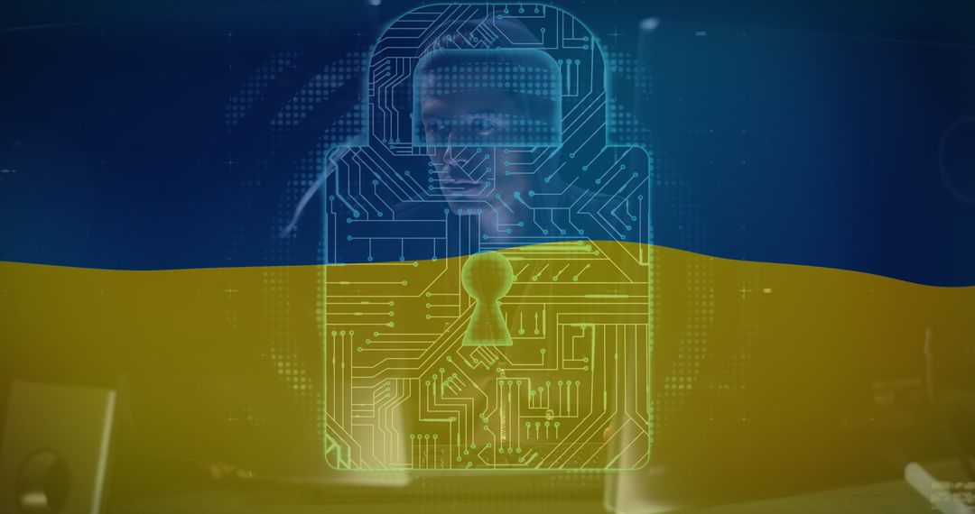 Cyber Warfare Concept with Ukrainian Flag and Digital Padlock