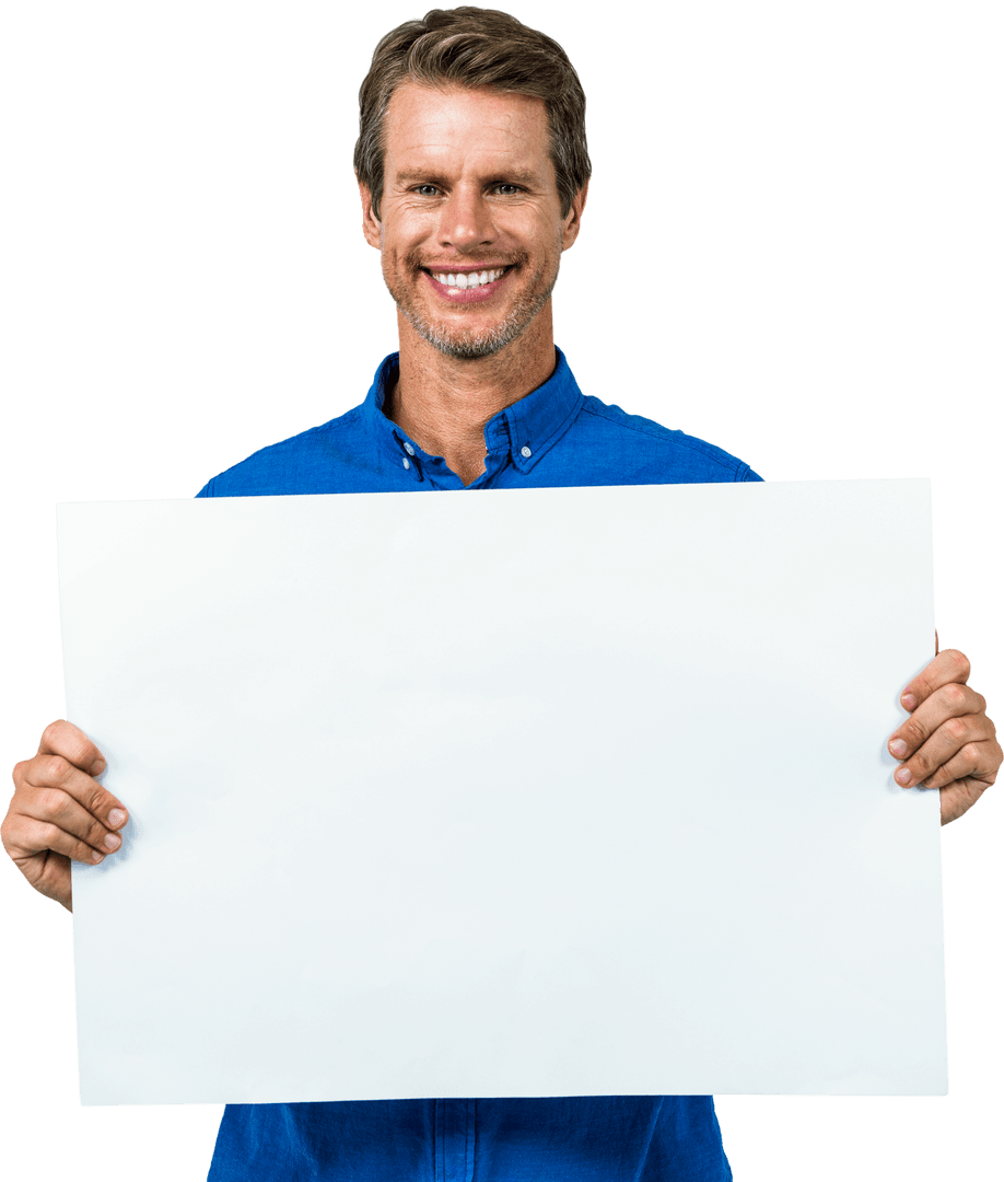 Smiling Man Holding Blank Placard on Transparent Background