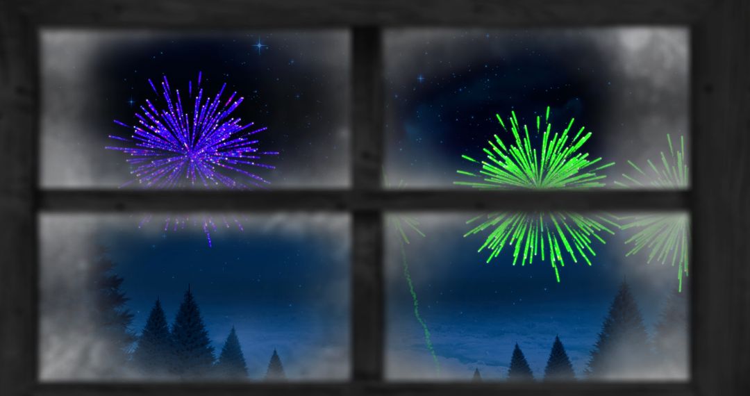Festive Fireworks Display Through Frosty Windowpane