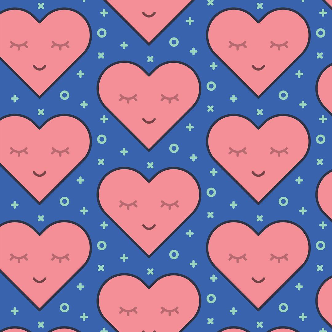 Seamless Pattern of Happy Pink Hearts on Blue and Transparent