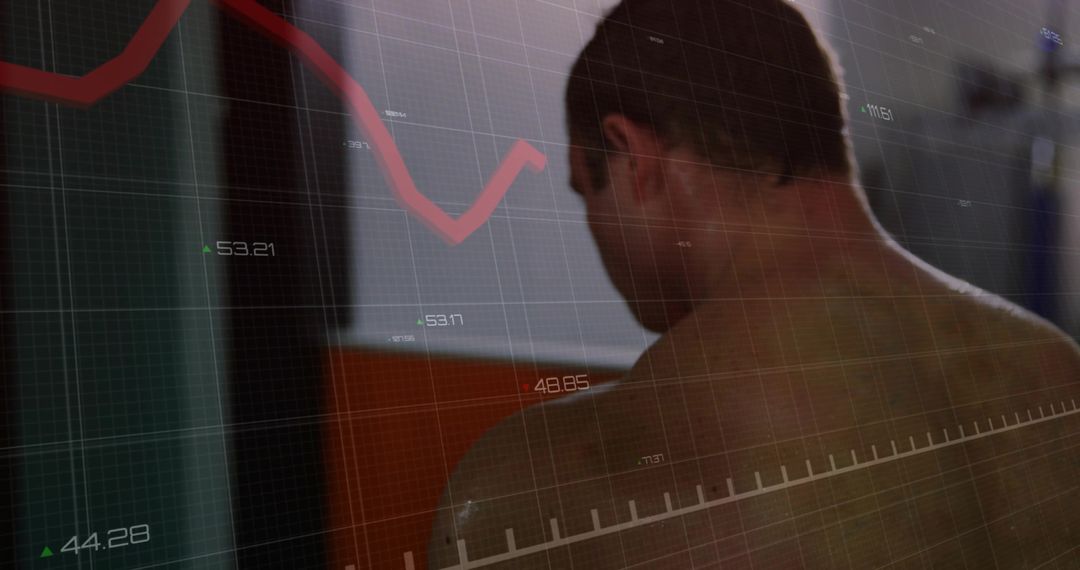 Shirtless man turning away with translucent digital graph overlay showing declining metric trend