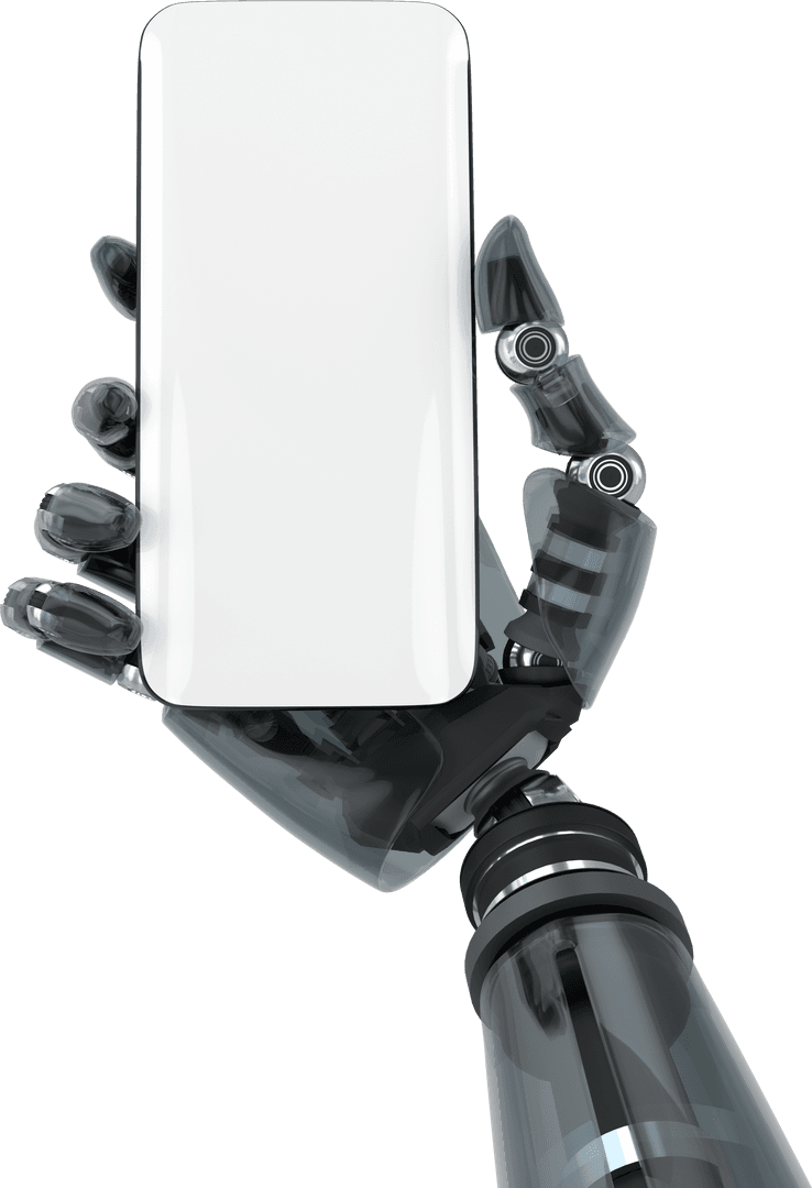 Futuristic Robotic Hand Holding Smartphone on Transparent Background