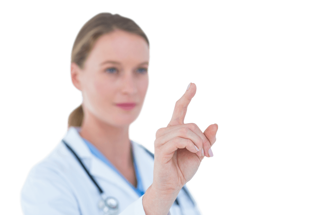 Female Doctor Pointing on Transparent Background for Medical Concepts