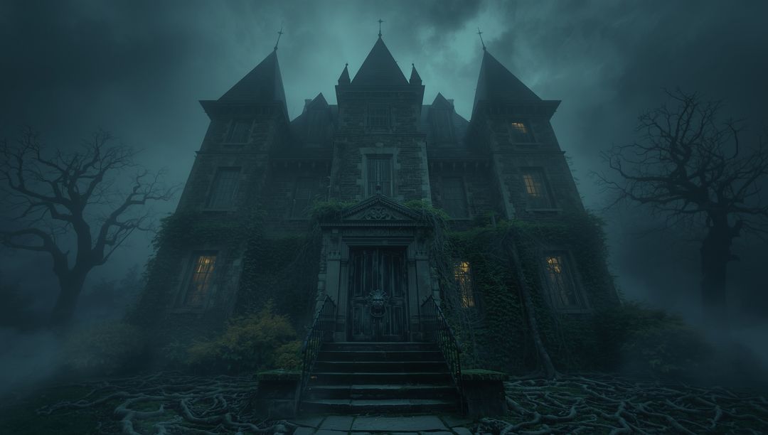 Eerie Haunted Mansion with Gloomy Fog and Gothic Architecture