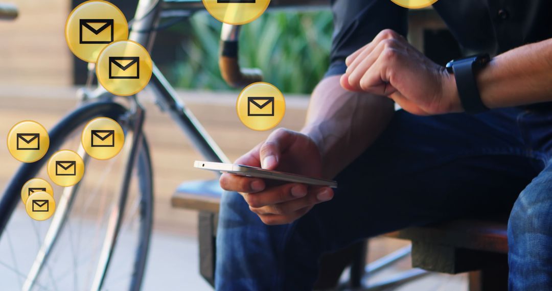 Smartphone User Receiving Multiple Email Icons near Bicycle