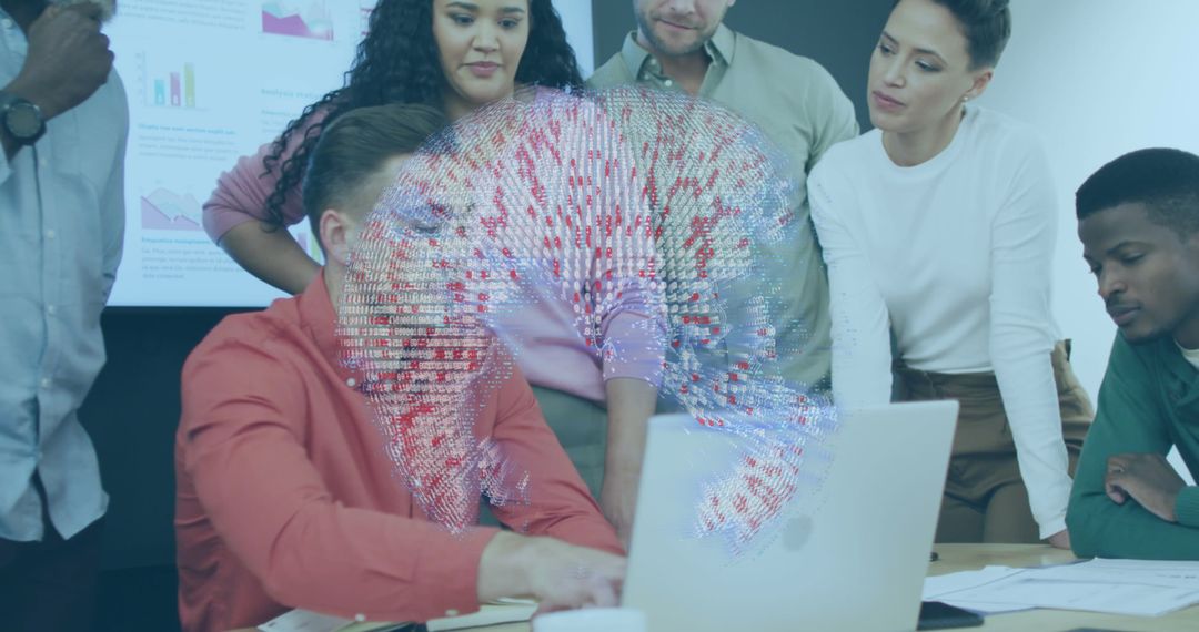 Colleagues Collaborating with 3D Data Visual in Meeting Room for Team Innovation