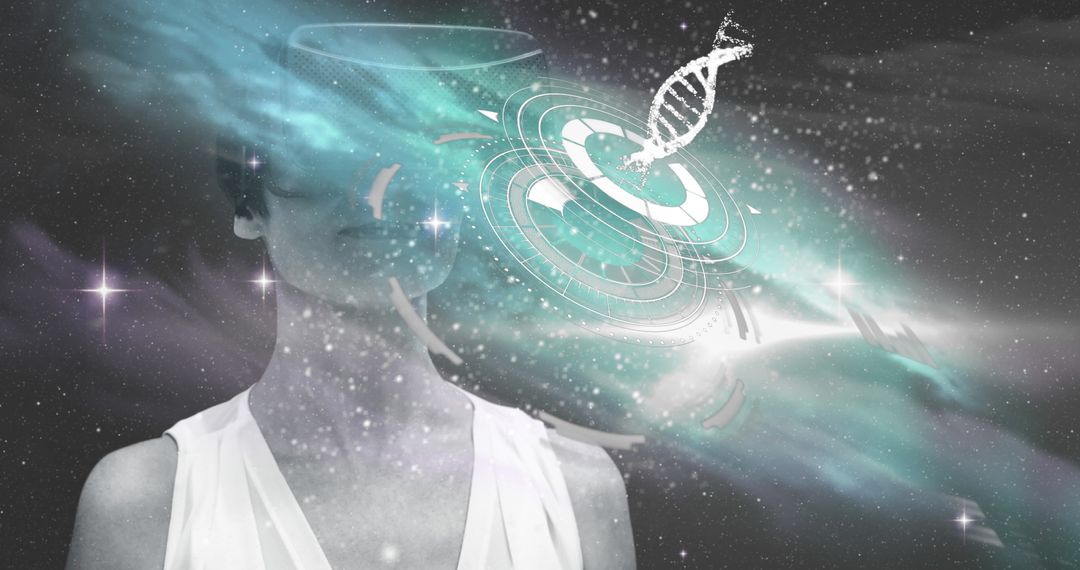 Futuristic Woman Inaugmented Reality Interface with Cosmic DNA Elements