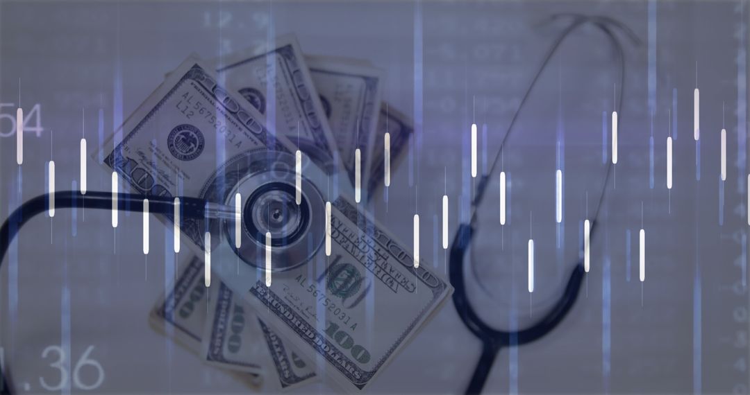 Stethoscope and Dollars with Financial Data Overlay