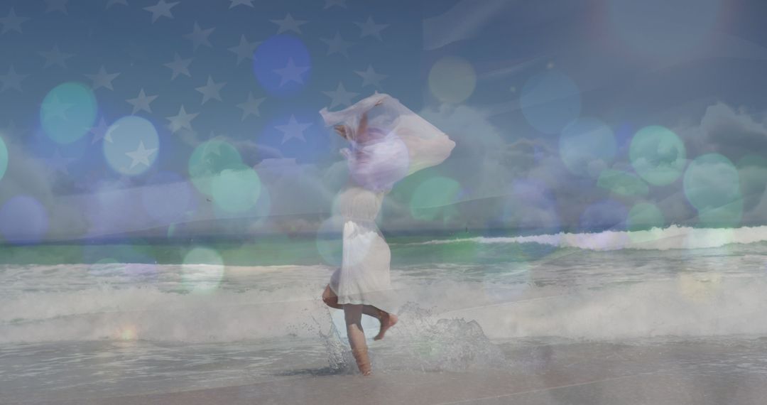 Woman Dancing Joyfully on Beach with Ethereal Overlay - Free Images, Stock Photos and Pictures on Pikwizard.com