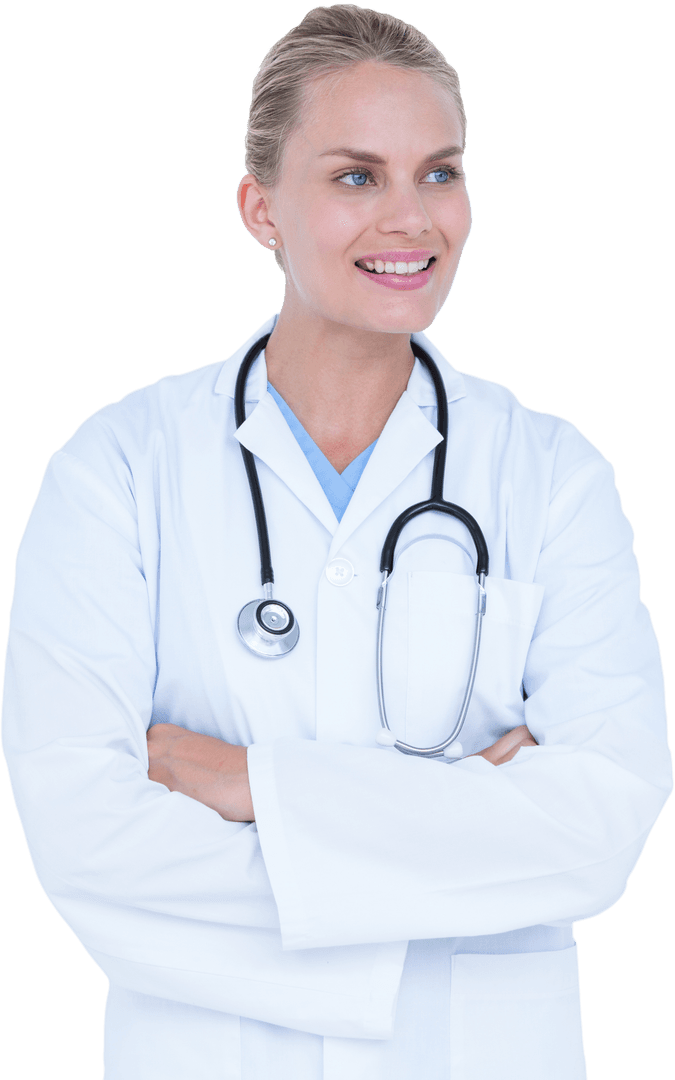 Smiling Female Doctor Wearing White Coat and Stethoscope on Transparent Background
