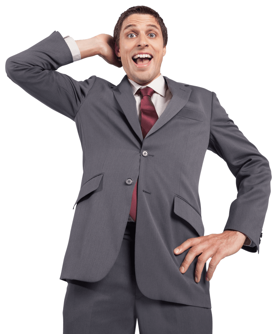 Transparent Businessman Scratching Head in Surprise Gray Suit Pose