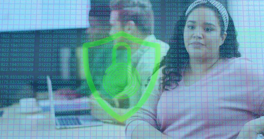 Diverse Team Discussing Cybersecurity with Digital Overlay