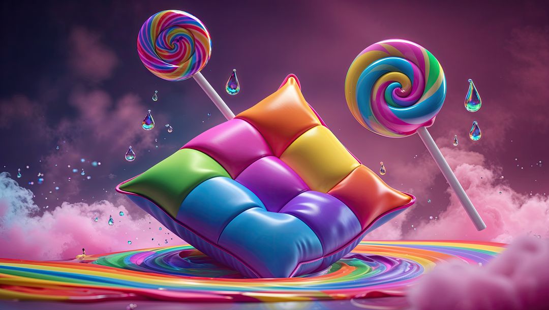 Whimsical Candy Land with Floating Cushion and Spiral Lollipops