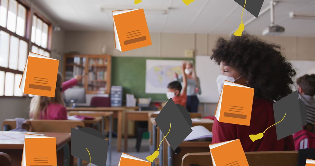 Schoolchildren in Classroom with Education Graphics Overlay