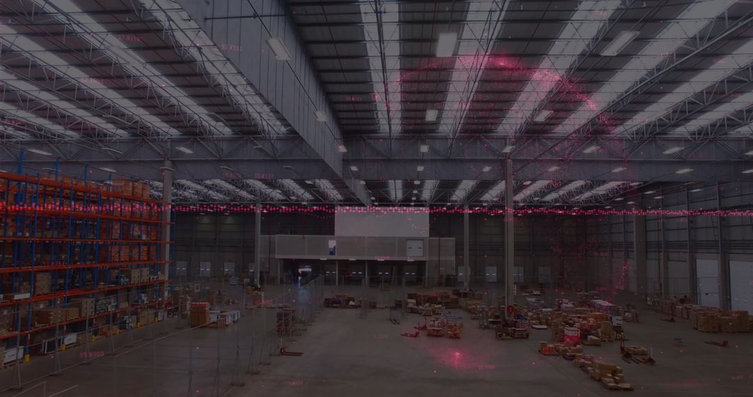 Digital Finance Graphs Overlaying Large Warehouse Interior