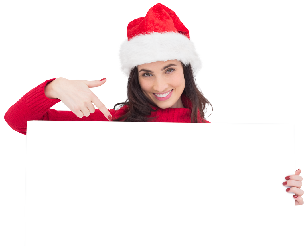 Transparent Background Smiling Brunette in Santa Hat with Blank White Poster - Download Free Stock Images Pikwizard.com