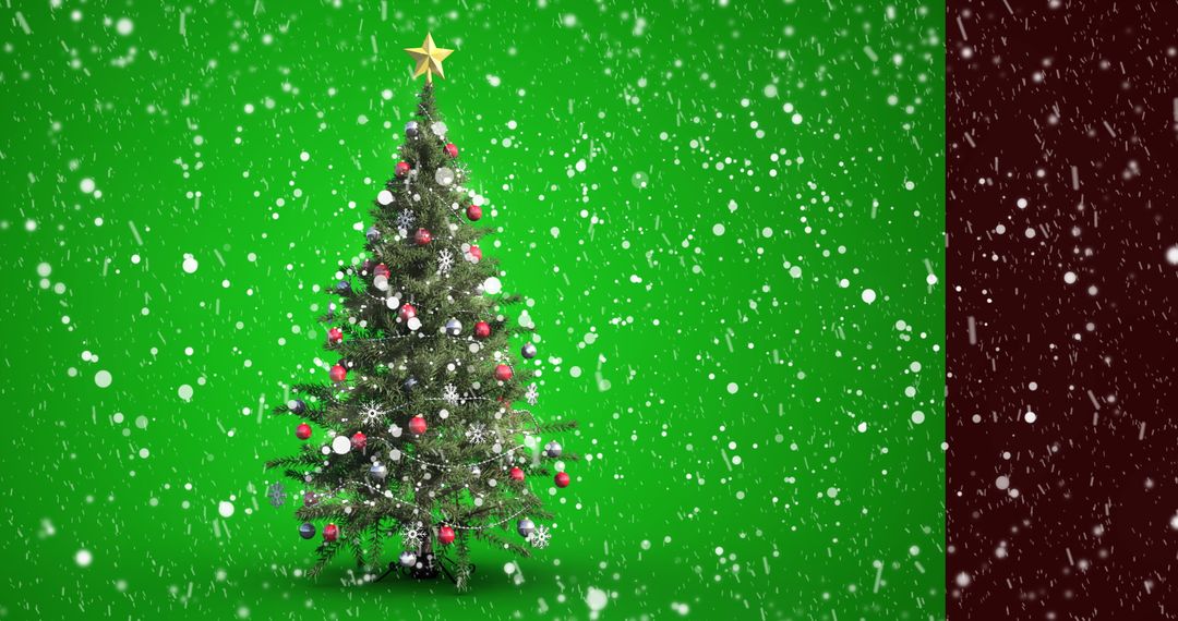 Festively Decorated Christmas Tree with Falling Snowflakes