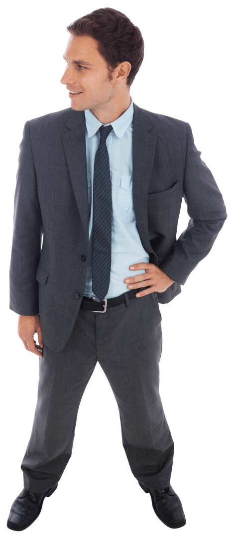 Cheerful Businessman in Suit Standing with Hand on Hip Transparent Background