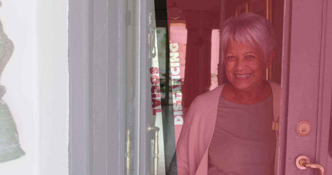 Senior Woman Smiling at Doorway Emphasizing Social Distancing