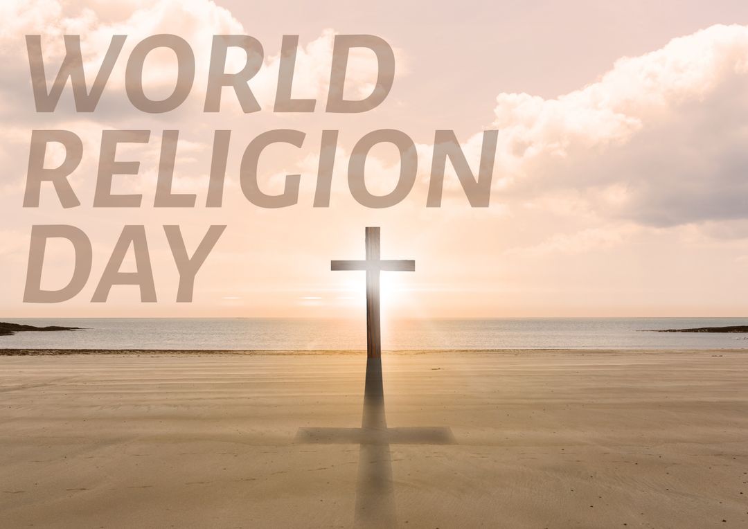 Digital composite image of world religion day text over cross at beach against sky during sunrise - Free Images, Stock Photos and Pictures on Pikwizard.com