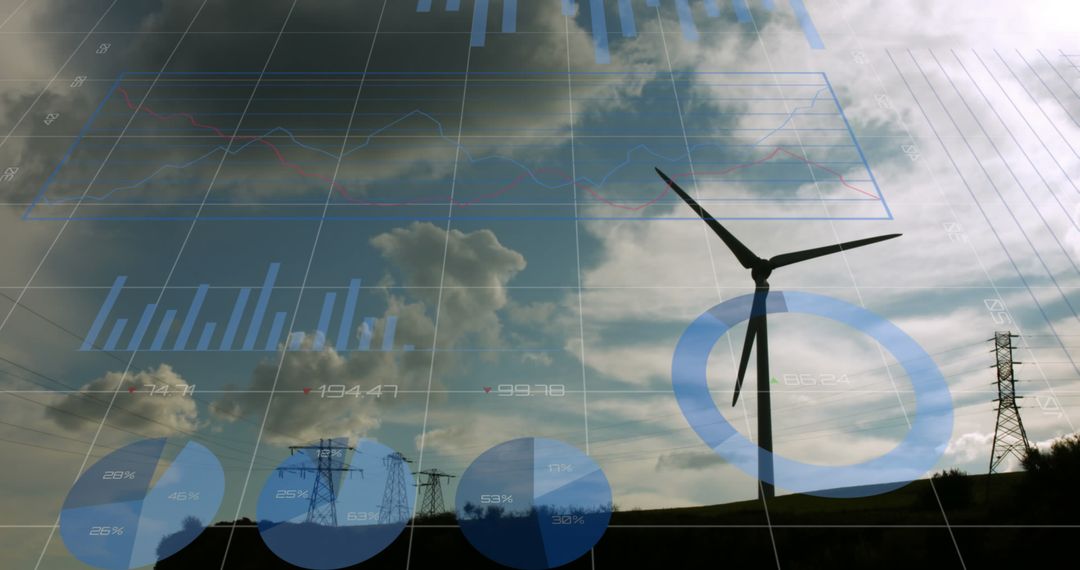 Digital Data Overlay on Wind Turbine Landscape Symbolizing Renewable Energy