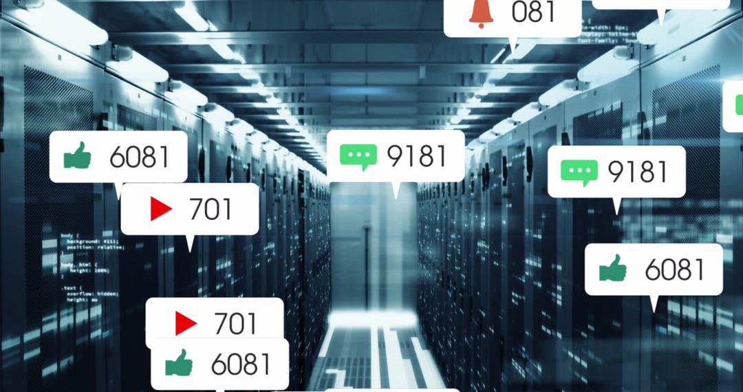 Social Media Data Processing Concept in a Server Room with Floating Social Media Icons - Free Images, Stock Photos and Pictures on Pikwizard.com