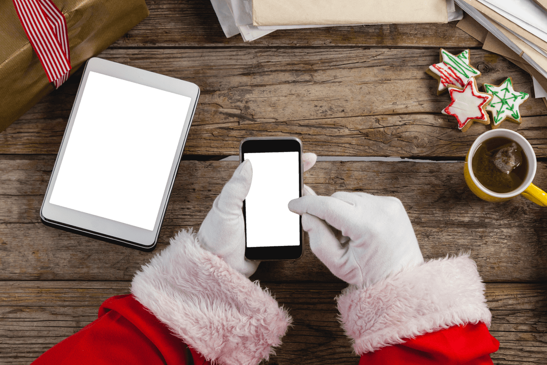 Santa Using Technology Transparent Background Wooden Christmas