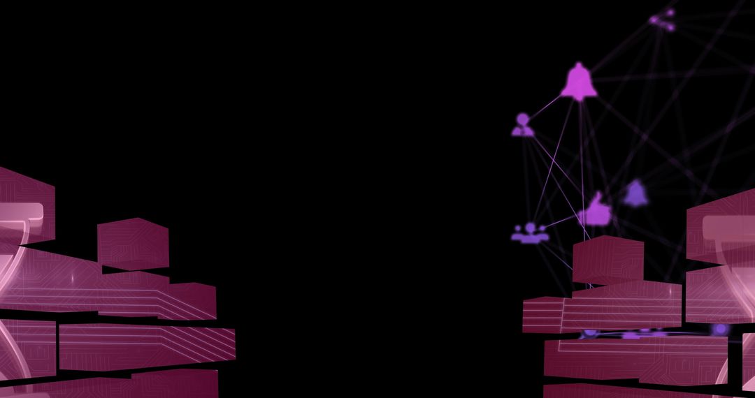 Digital Network with Icon Connection Over Cityscape Silhouette