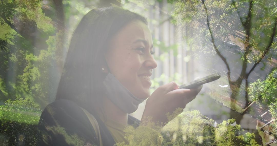 Woman Using Smartphone with Nature Overlay
