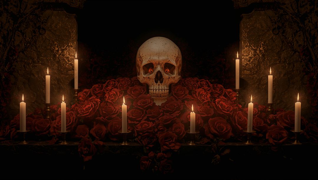 Gothic Altar with Skull and Candles Surrounded by Red Roses